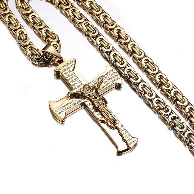KSJEHW Collana Croce Uomo Acciaio Inossidabile Gesù Crocifisso Pendente Collana Con Catena Veneziana 61CM(Oro - Foto 4