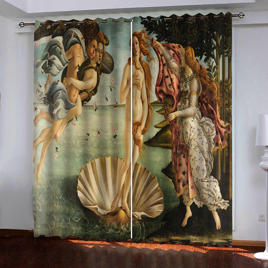 

European Classical Figure Painting Gold Thin Fabric Darkening Window Blind Window Coverings Rest Room Living Living Space Kitchen Door Home W50 X H130(CM)X2&Hook