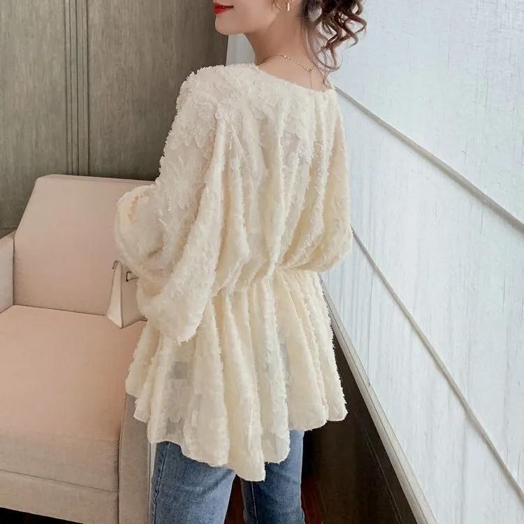 Damen Frühlings- und Herbst-Freizeit-Chiffon-Bluse mit schlankmachendem Look, Spitzen-Oberteil