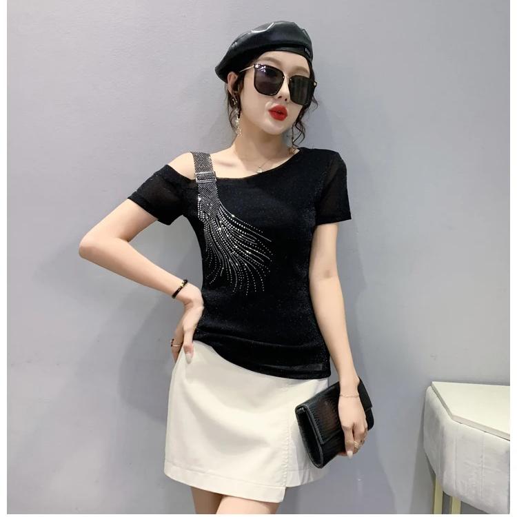 Summer Fashion European Female Clothes T-Shirt Sexy Off Shoulder Shiny Diamonds Mesh Women Tops All Match Tees Blouse