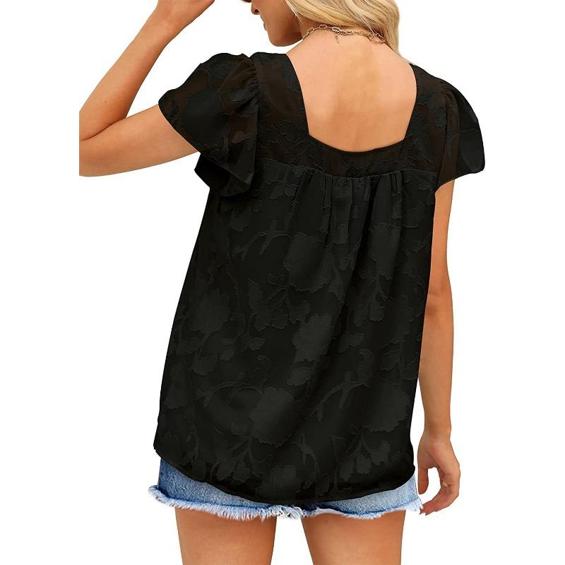 Summer Women T-shirt Square Neck Lace Hollow Out Casual Loose Short Sleeve Chiffon Shirt
