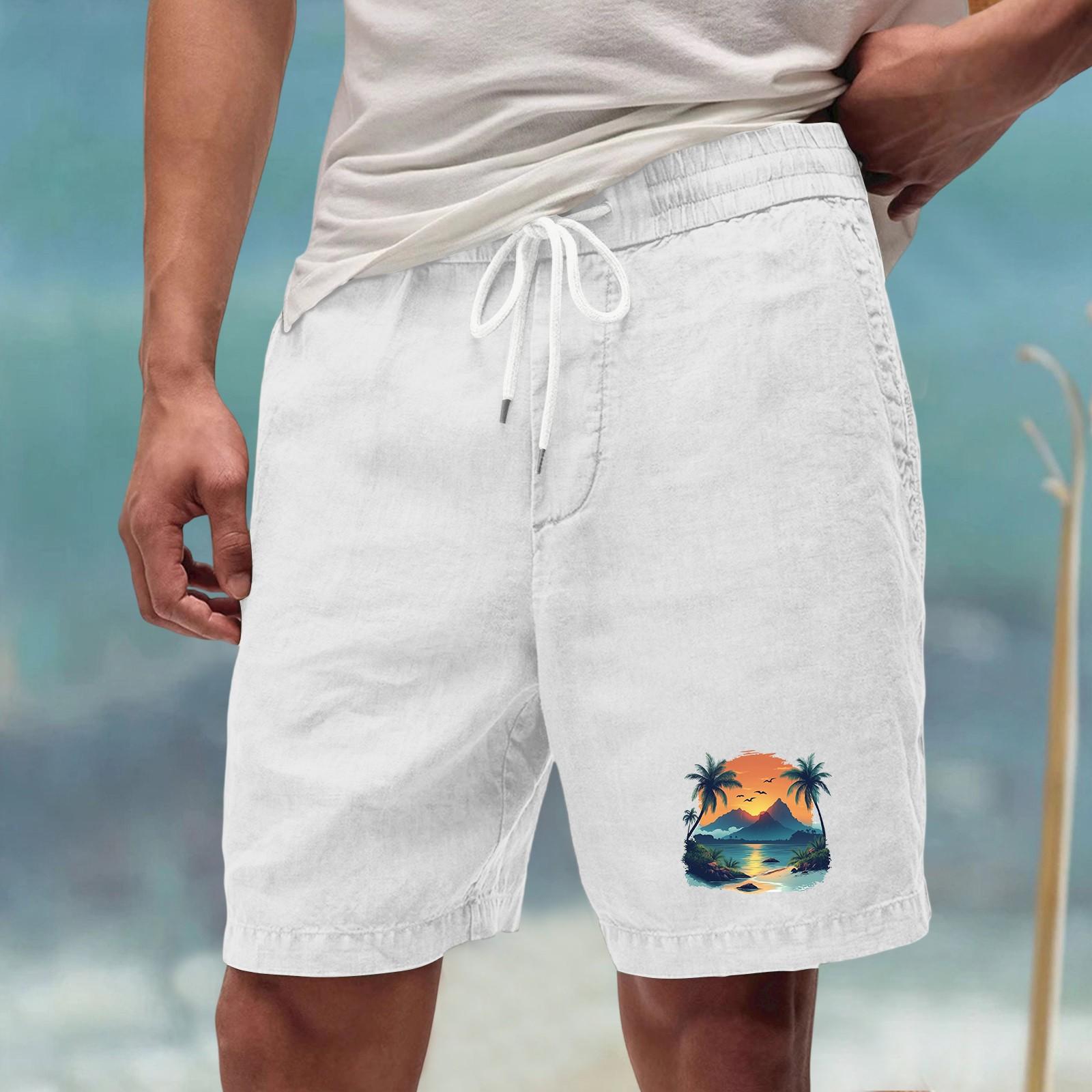 

Men’s Casual Loose Fit Drawstring Waist Shorts with Hawaiian Beach Print Relaxed Linen Blend Summer Athletic Pants XXXL белый