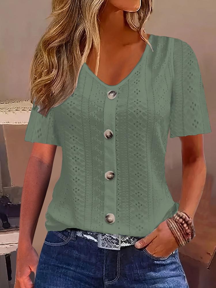 Autumn New Style Pure Color Jacquard V-neck Button Short-sleeved T-shirt Top