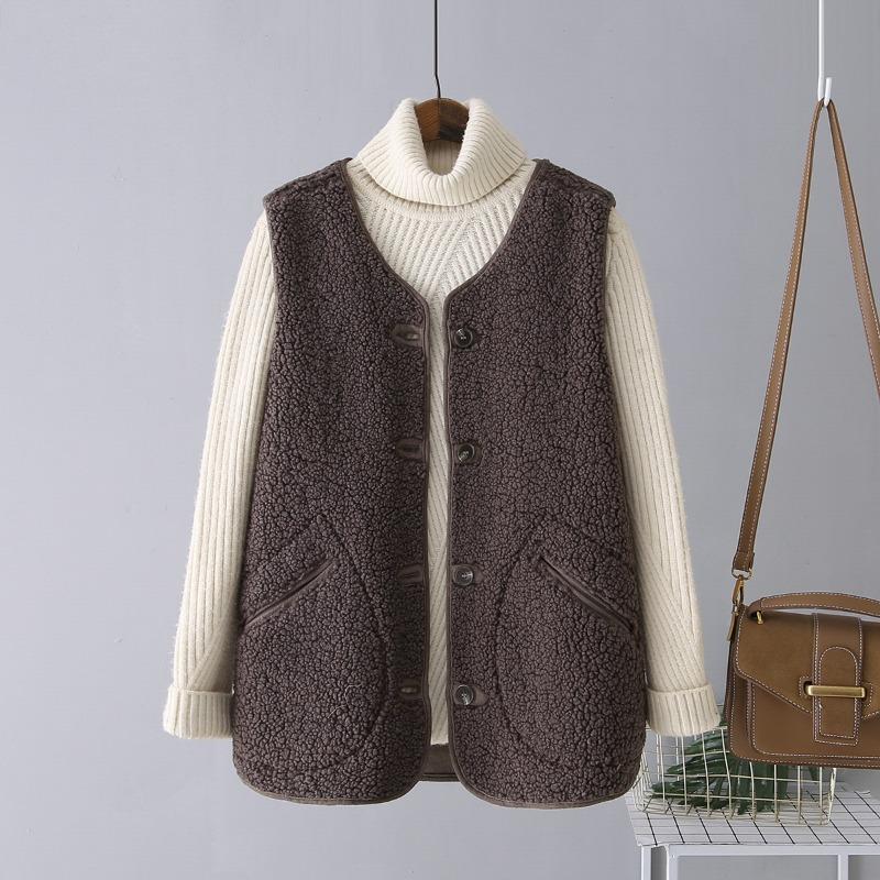 

Жилет из овечьей шерсти, женская куртка на осень и зиму, с мехом, свободный и тонкий плюшевый жилет из замши без рукавов с обеих сторон XXL кофейный