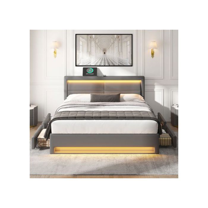Lit rembourré - MUVOE - 140x190 cm - USB - Éclairage LED - 4 tiroirs de rangement