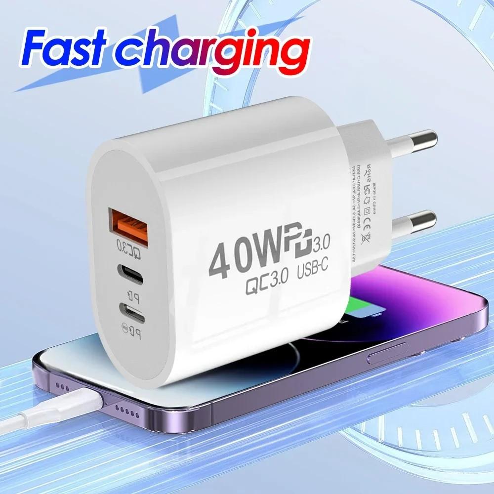 40W 2 PD and 1 QC 3.0 Port Fast Charging Power Adapter USB Type C Wall Charger US/EU Plug For iPhone Samsung Xiaomi Quick Charge