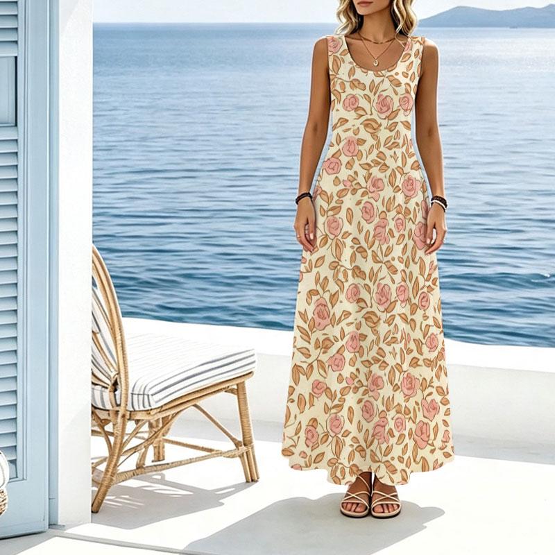Women's Fresh Floral Sleeveless Maxi Dress,Lightweight Flowy,Versatile for Beach Vacation Daily Casual Wear