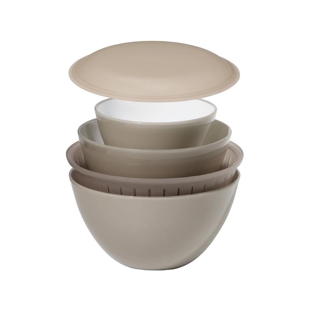 CB JAPAN Bowl Beige Deep Bowls for Easy Colander for Draining Lid That Doubles As a Microwave and Dishwasher Antibacterial Colander Bowl Set 5P