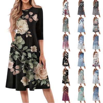 Lässiges, modisches Midikleid mit Rundhalsausschnitt, Dreiviertelärmeln und Print für Damen