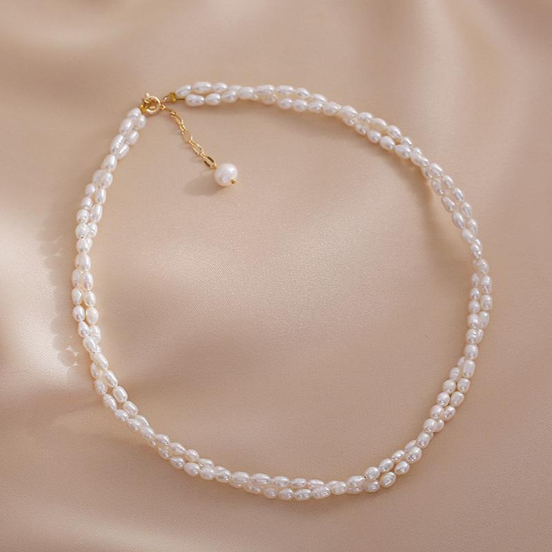 Double-Layer Small Particle Special-Shaped Rice Grain Freshwater Pearl Necklace Femininity Fashion Millet Beads Can Be Wrapped Around Collarbone