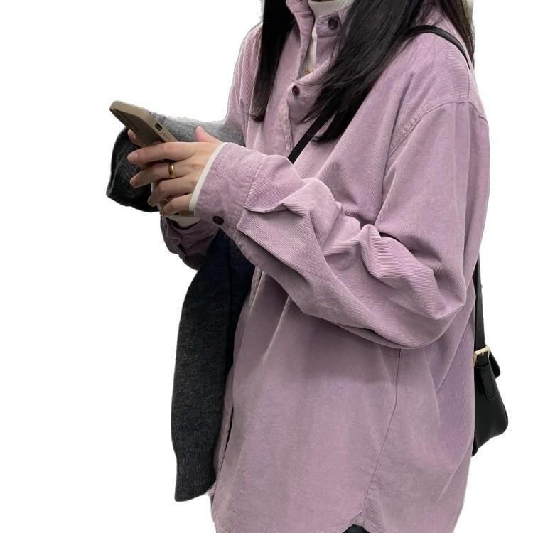 Women's Retro Purple Corduroy Shirt: Loose Fit, Korean Style, Ideal for Spring, Autumn, and Winter Layering