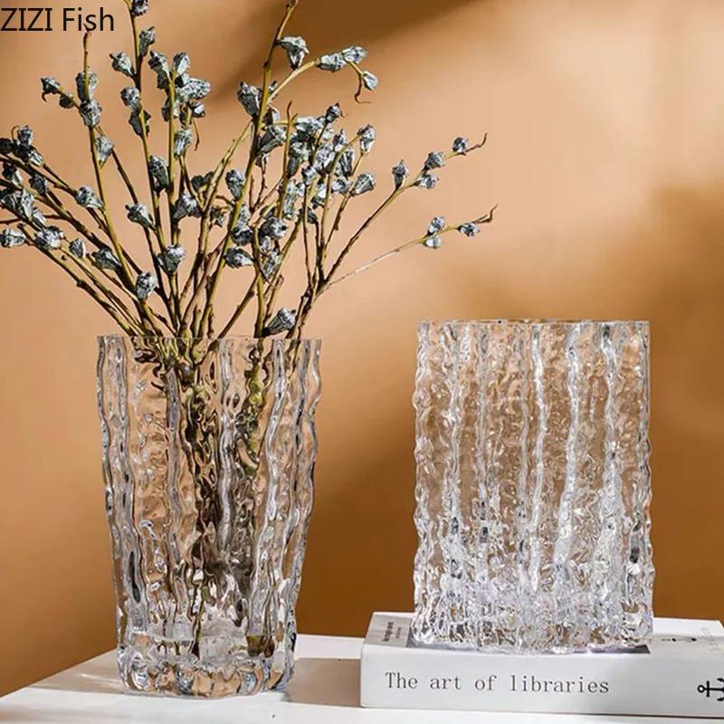 Relief Texture Glass Vase Creative Hydroponic Flower Pot Desk Decoration Artificial Flower Decorative Floral Arrangement Vases