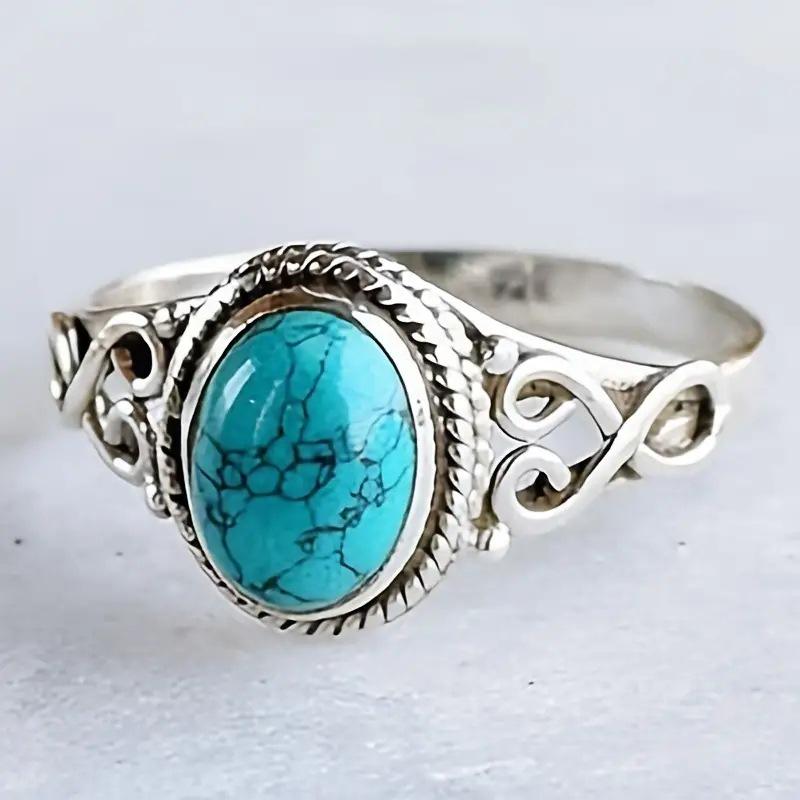 He Cheng Retro Marquise Turquoise Ring for Women - Hollow Pattern Electroplated Jewelry