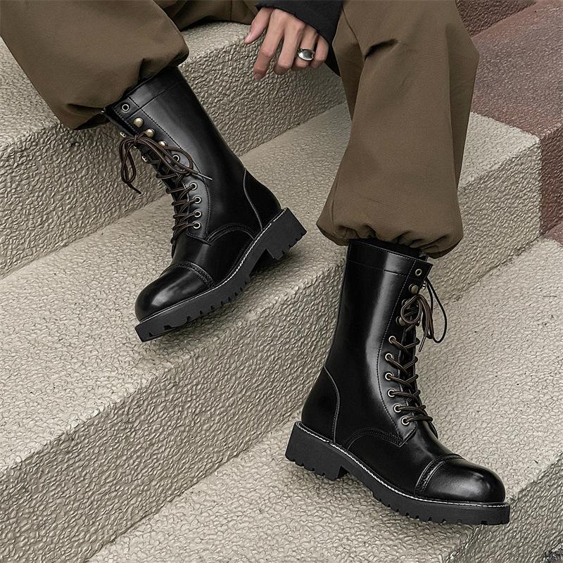 Plus Size Mens Fashion Stage Nightclub High Motorcycle Boots Black Stylish Platform Shoes Cowboy Natural Leather Boot Long Botas