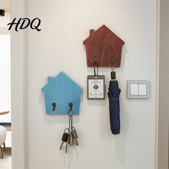 No Damage Wall Mounted Hooks Wood House Shape Storage Hook Strong Traceless Adhesive Decorative Solid Hangers American Style Hanger for Home Entryway
