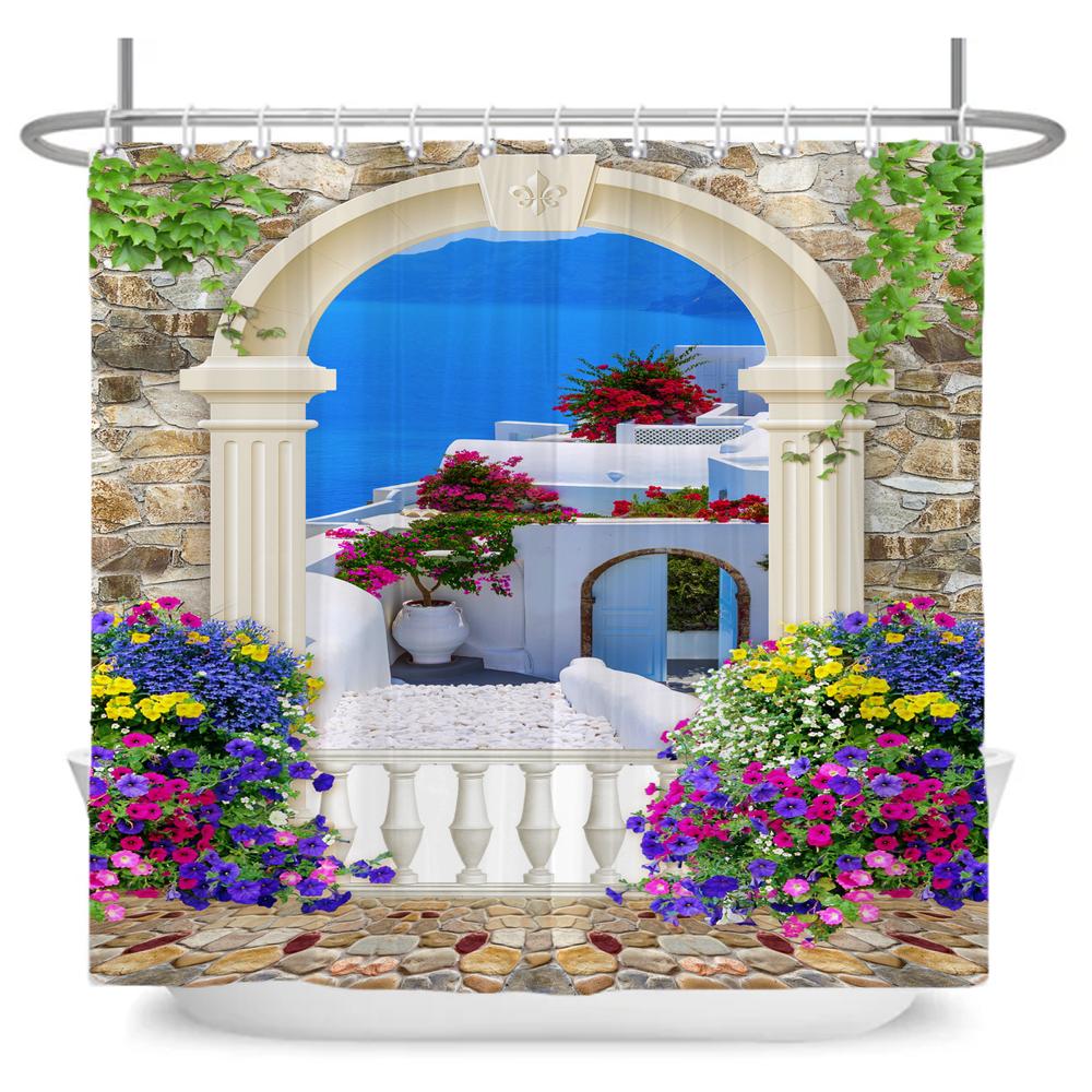 Beautiful Pastoral Garden Scenery Shower Curtain Rose Garden Flower Polyester Waterproof Bathroom Shower Curtain Decor Curtain