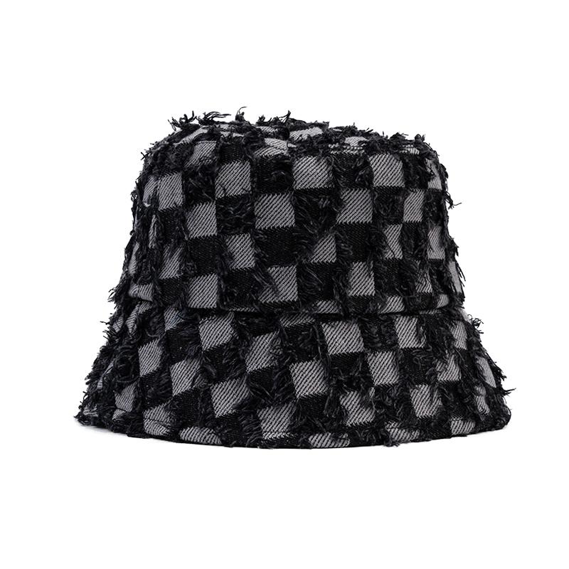Checkerboard Fisherman Hat Women's Autumn Winter Foldable Denim Basin Hat Plaid Bucket Hat