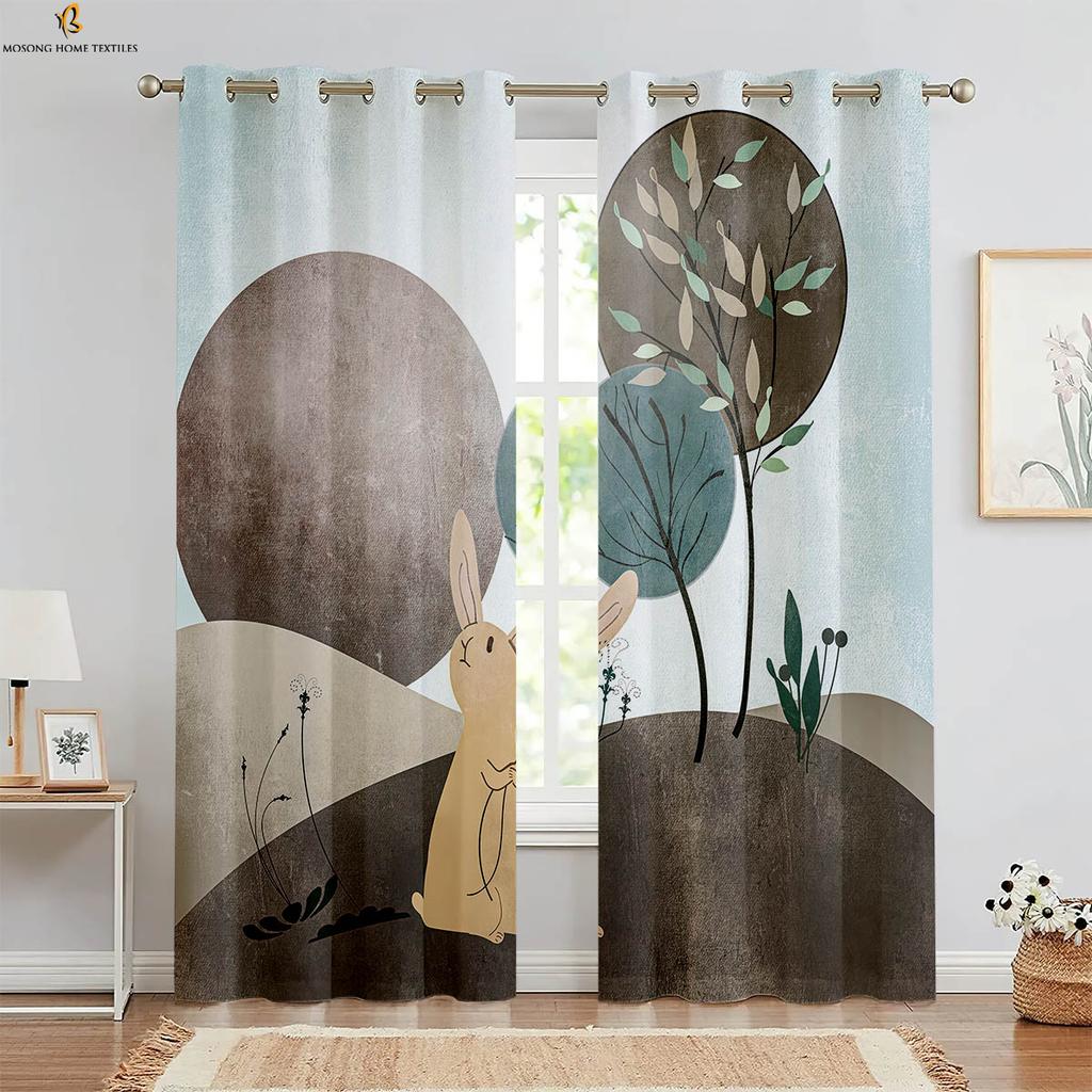 Set Of 2 Easter Decorative Curtains Retro Cartoon Rabbit Print Bedroom Living Room Children Curtain For Sitting Made Polyester