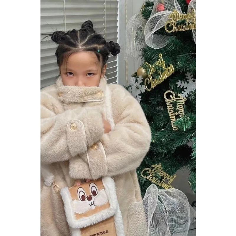 Winter Warm Girls Fashion Double-Breasted Cotton Lined Faux Fur Jackets School Kid Thick Coat Children Outfit Windbreaker