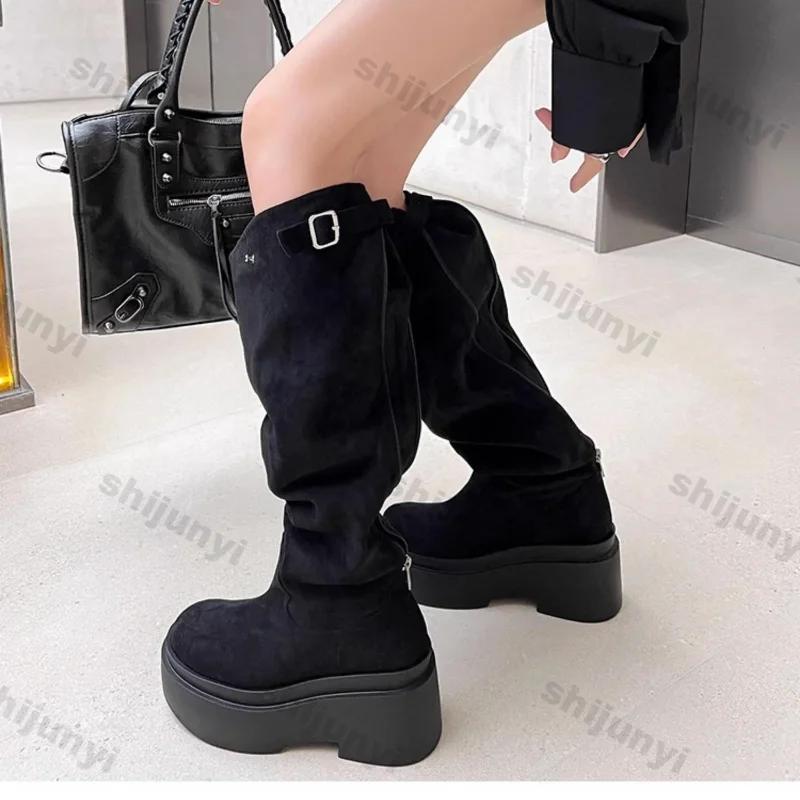 Women's Thick Heels Knee High Boots Khaki Flock Slip on Western Boots Woman Spring Autumn Soft Leather Short Botas Mujer