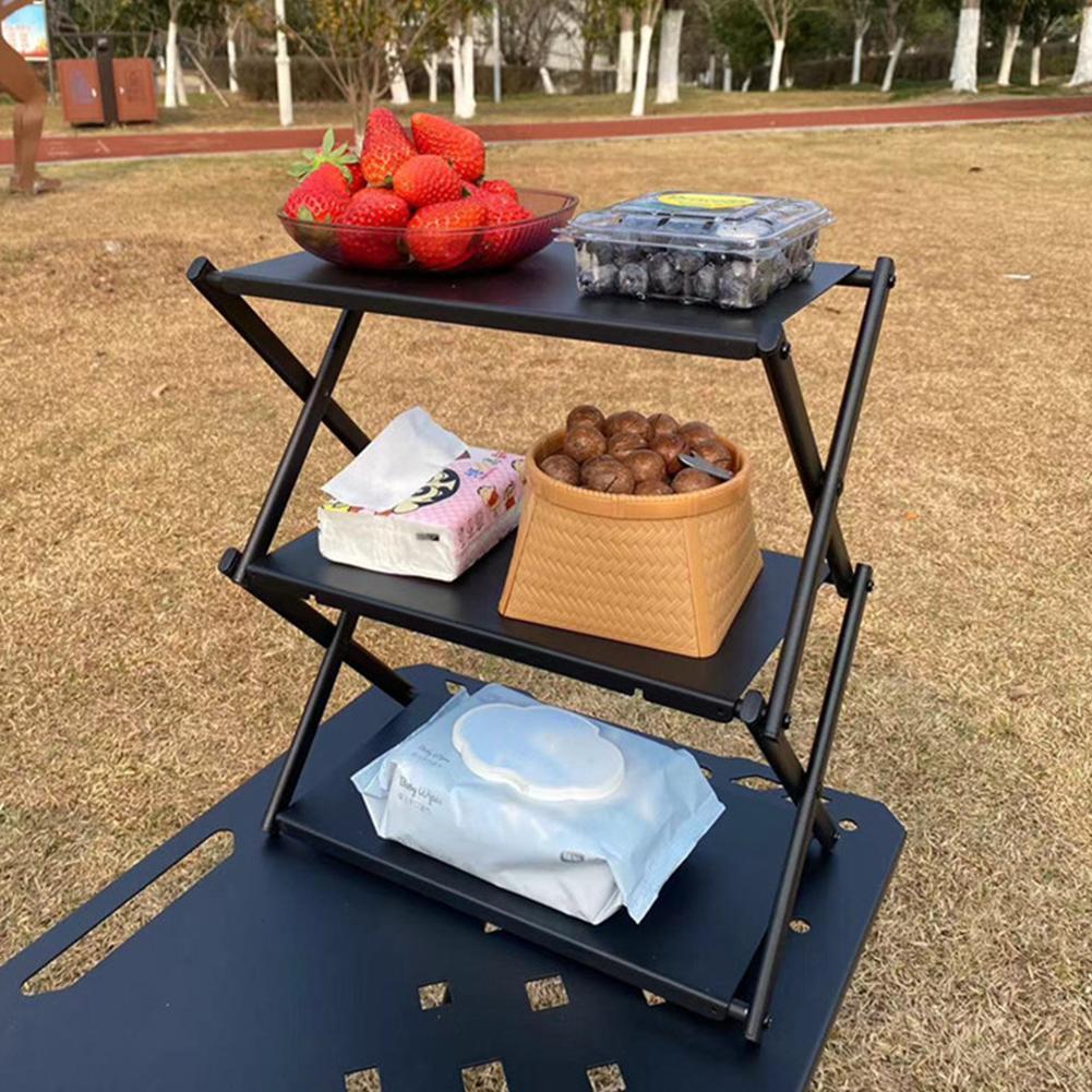 3 Tier Folding Storage Shelf Multi-Function Metal Storage Rack Heavy Duty Portable Camping Organizer for Outdoor Activities