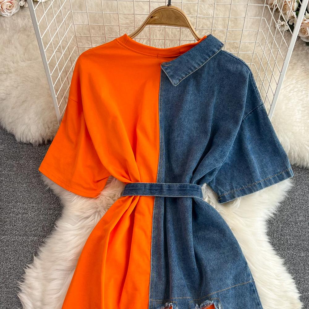 Elegant sommer Dame Patchwork dongeriskjorter Vintage Casual Slanke bluser Topper med belte Kvinnelig Mote Pullover Klær Nyhet