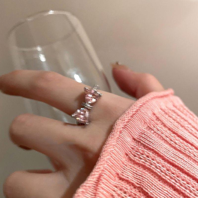 Love pink bow open ring women's pink diamond zircon exquisite micro-inlaid sweet ring