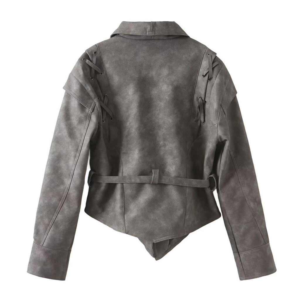 Spring 2025 Women's Retro Shawl Collar Leather Jacket with Belt - European & American Style