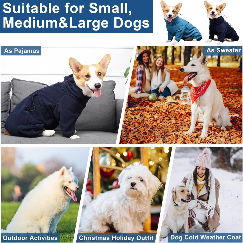 Dog Winter Coat, Polar Fleece Pullover Jumpsuit, Dog Sweatshirt Jacket, Fullbody Pajamas Onesie for Small Medium Large Dogs Hiking Walking Sleep,