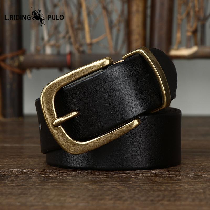 Ceinture en Cuir Véritable Cuir de Vachette Grain Supérieur Lavé Rétro pour Homme avec Boucle en Laiton, Nouvelle Ceinture Tendance Style Coréen