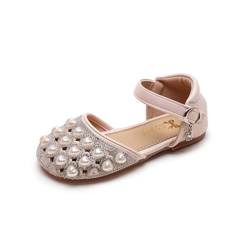 Girls Toes Capped Sandals Little Kids Pearls Princess Shoes Soft Sole Summer Fashion Children Rhinestone Half Sandals Flats
