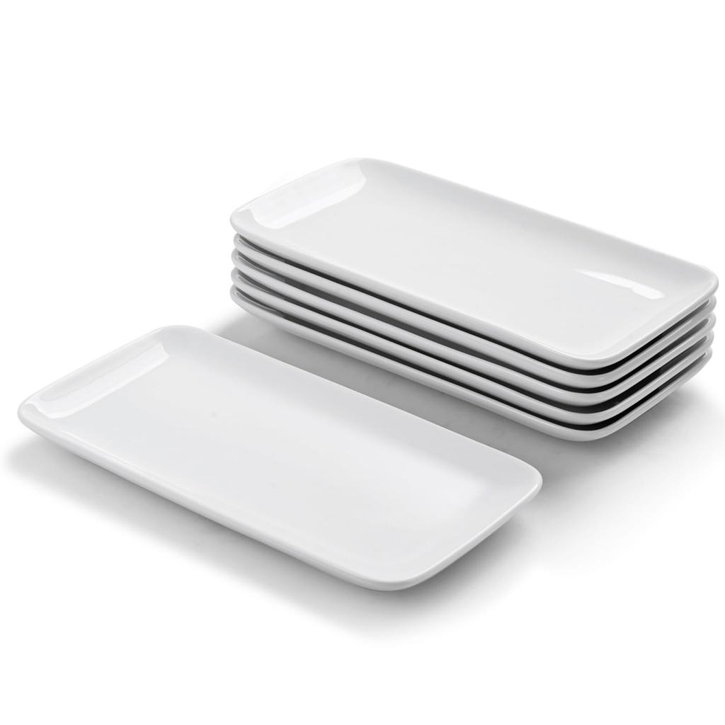 WishDeco Set of 6 Rectangular Plates, 23 X 12 Cm, Suitable for Grilled Fish, Sushi, and Other Oven-Safe Dishes, White, Microwave Safe