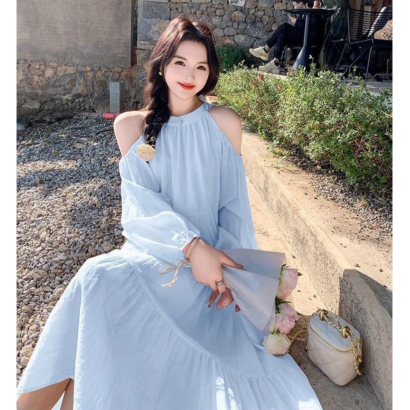 Seaside Vacation Dress Women's Summer New Sweet Gentle Wind French Temperament Beautiful Off-the-shoulder Beach Dress