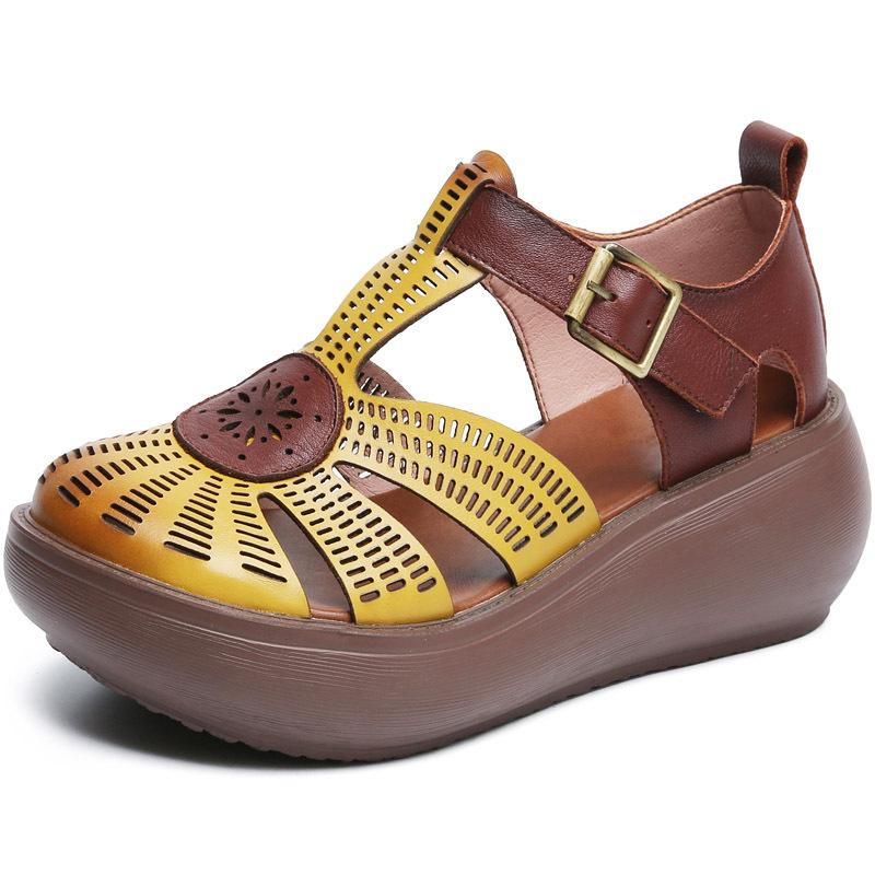 Fashion GKTINOO Genuine Leather Shoes Women Sandals Mixed Colors Retro Buckle Strap 2025 New Wedges Handmade Concise Platform Sandals