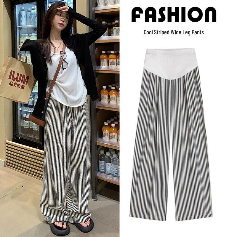 2025 Summer Black & White Striped Wide-Leg Maternity Pants - Casual, Loose, Slimming, Thin. 2XL