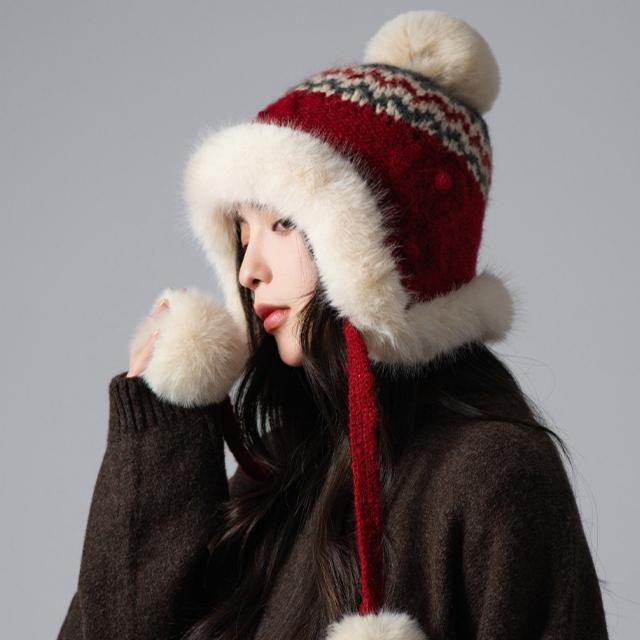 Autumn and Winter Hat Women's Cute Hairball Knitted Hat Ear Protection Warm Hat