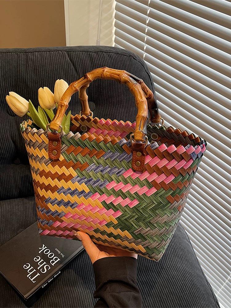 Elegant Handmade Bamboo Woven Tote – Stylish Rattan-Style Beach & Makeup Bag