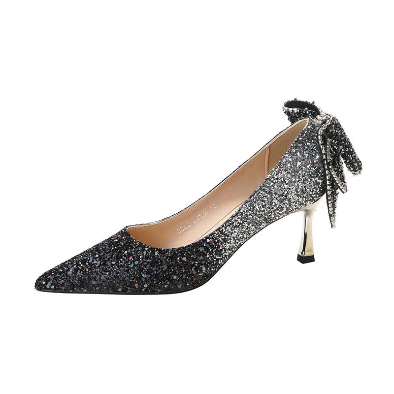 Autumn New Women's Luxury Pointed Rhinestone Bow Crystal Sequins Colored High Heel Single Shoes Banquet Wedding Shoes