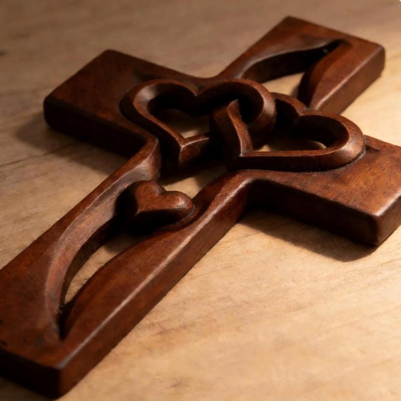 Hand-Carved Intertwined Hearts Wooden Cross, Hanging Hand Carved Marriage Cross
