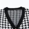 V-Neck Women Button Black Houndstooth Cardigan Long Sleeve Sweater Autumn Winter Knitted Loose Oversized Jumper Casual