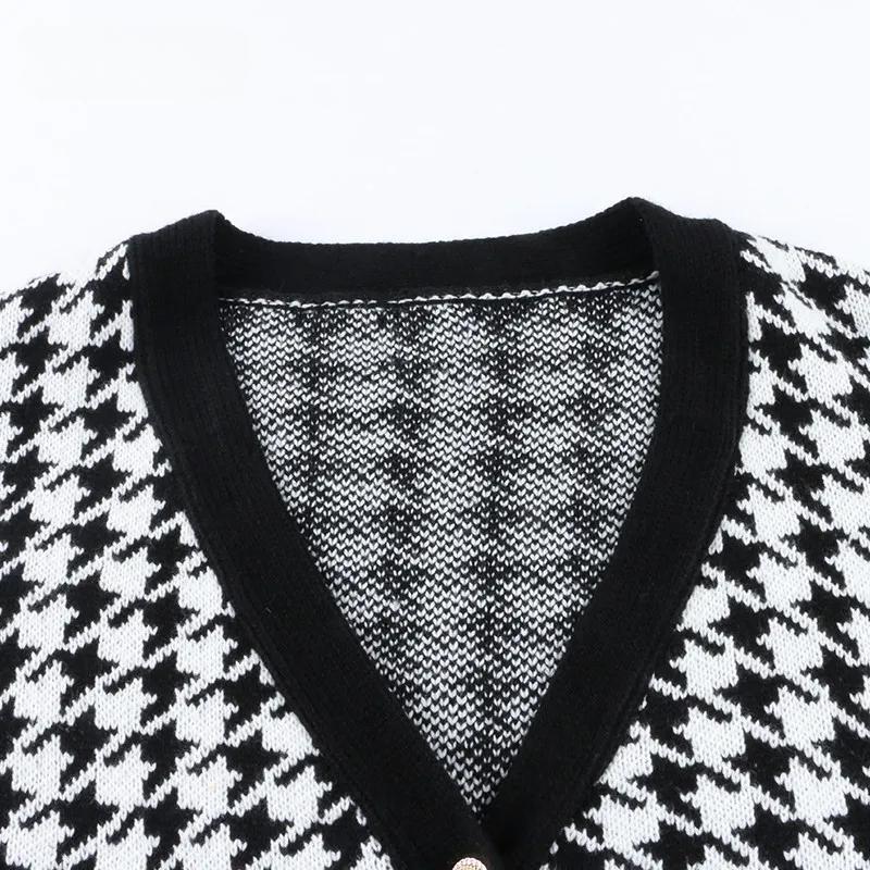 V-Neck Women Button Black Houndstooth Cardigan Long Sleeve Sweater Autumn Winter Knitted Loose Oversized Jumper Casual