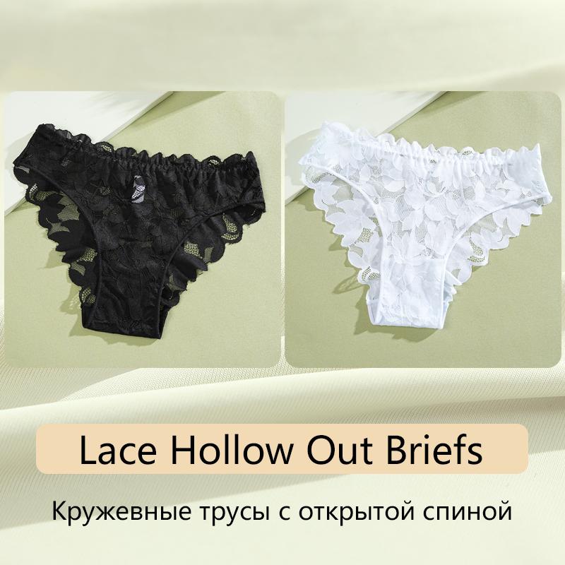 FINETOO 2Pcs Women's Satin Floral Lace Underwear Sexy Hollow Out Panties Solid Low-Waist Perspective Briefs Girls Soft Lingerie