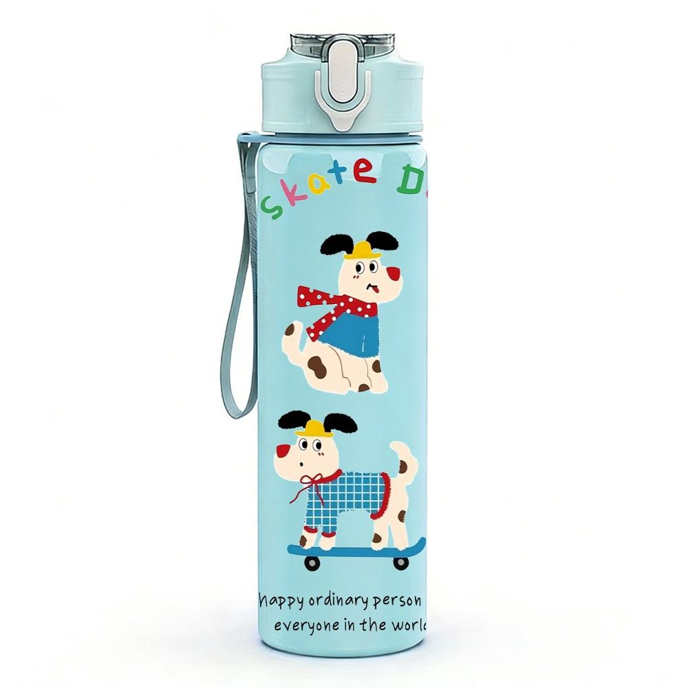 1PC Blue Little Character Print 750ml Color Plastic Sports Water Bottle Leakproof Flip Straw Lid Suitable for Sports Office Home Use