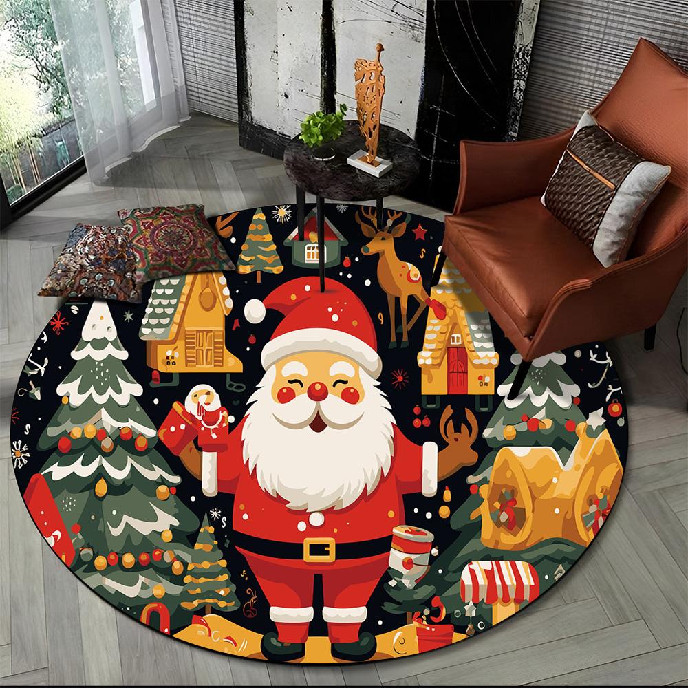 Cartoon Santa Claus Merry Christmas Snowman New Year Round Carpet Rug for Bedroom Living Room Sofa Decoration,Decor Floor Mat
