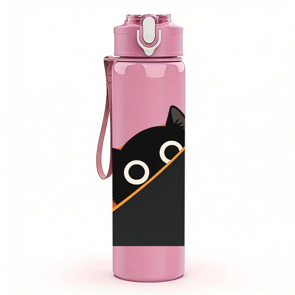 1PC Black Cat Peeking Corner Art Print 750ml Color Plastic Sports Water Bottle Leakproof Flip Straw Lid Suitable for Sports Office Home Use