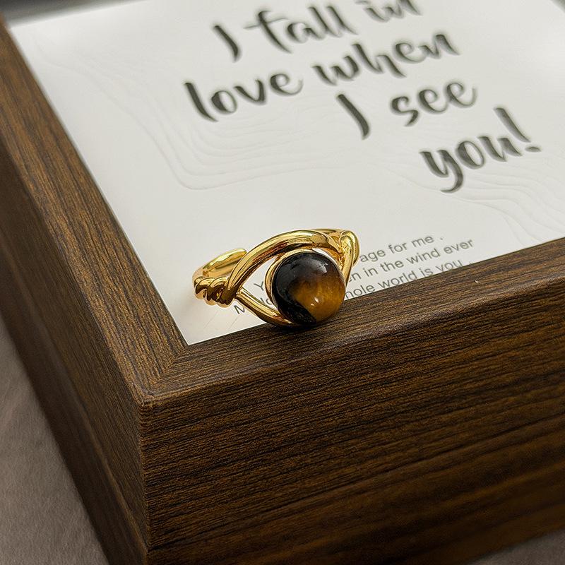 Fashion Temperament Maillard Retro Hong Kong Style Imitation Tiger'S Eye Stone Open Ring Women'S Irregular Light Luxury Personality Index Finger Ring