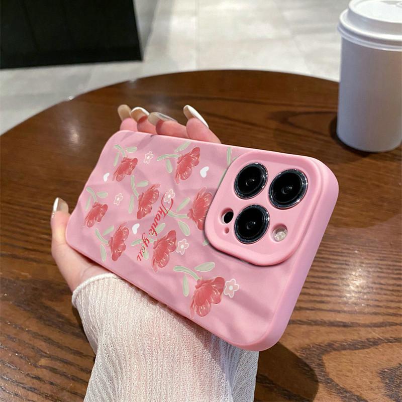 Surface Wrinkles and Unevenness Phone Shell Red Flowers Floral Printed Protective Matte TPU Cover Soft Silicone Case