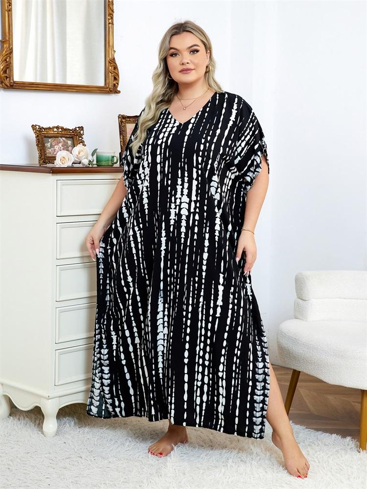 EDOLYNSA 2024 Casual V Neck Stripe Tie-Dye Loose Kaftan Women Summer Boho Printed Plus Size Beach Dress Vacation Swimsuit Cover Up Q1218