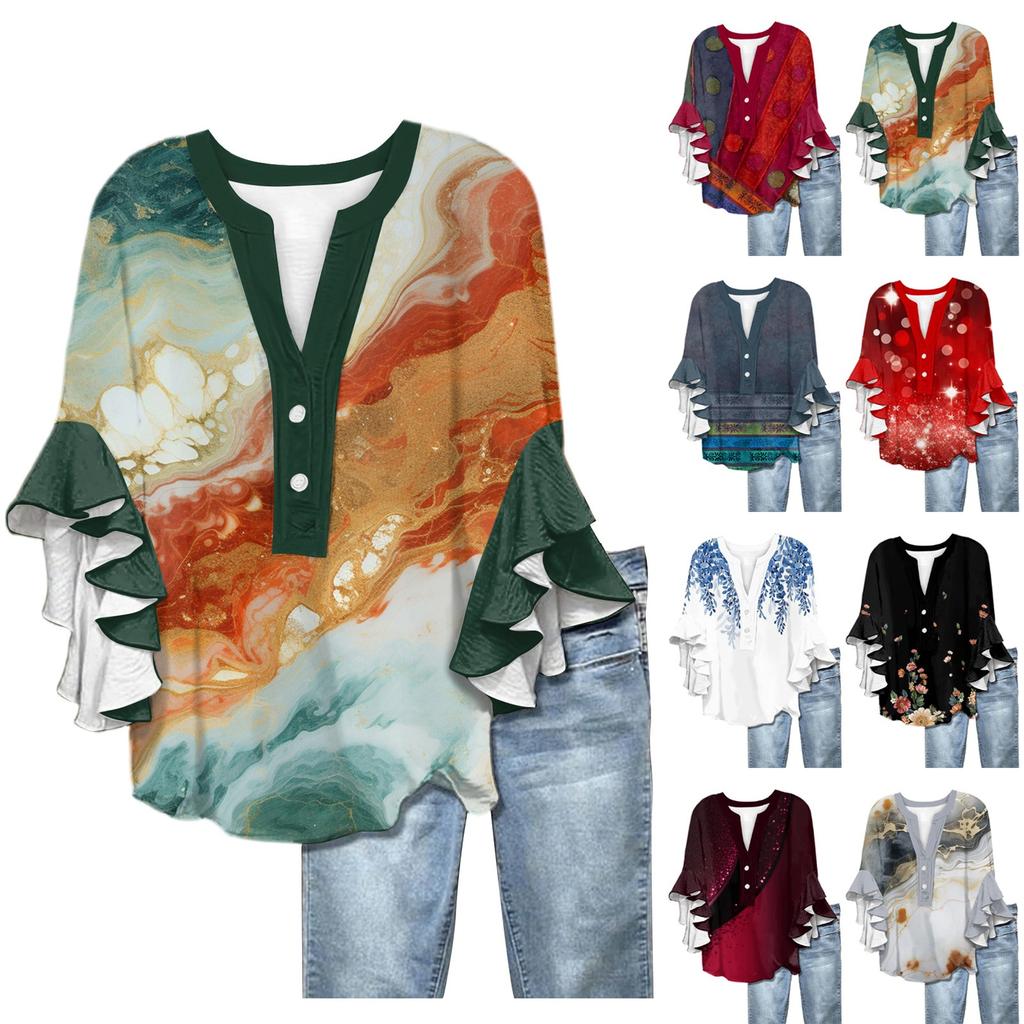 Summer Tops For Women Cute V Neck 3/4 Sleeve Blouses  Print Top Casual Shirts