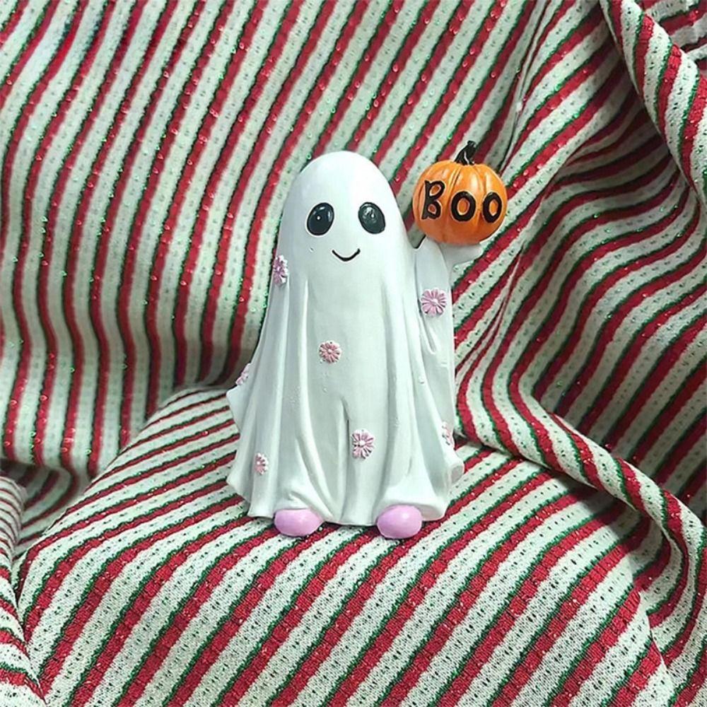 Cartoon Ghost Hold Pumpkin Sculpture Mini Resin Ghost Ornament Halloween Ghost Figurine  Desktop